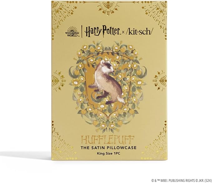 Kitsch x Harry Potter Hufflepuff Satin Pillowcase with Zipper for Hair & Skin – Double-Sided, Softer Than Silk, Wrinkle-Free, Machine Washable, Frizz Control, Breakout Prevention - King Size (19x36)