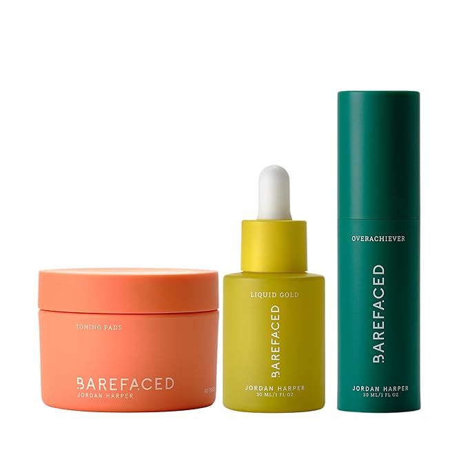 Barefaced Skin Brightening Trio - Toning Pads, Liquid Gold & Overachiever - Improve Skin Texture, Brighten Skin, and