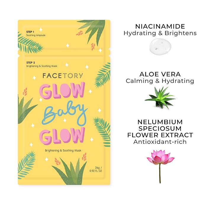 FACETORY K Beauty Face Mask Skin Care - Glow Baby Glow 2-Step Sheet Mask with Niacinamide & Aloe + Calming Ampoule | Brightens, Hydrates, Glowing Skin (10 Pack)
