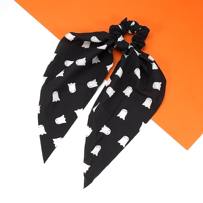 Halloween Hair Ties for Women Girls Soft Fall Ghosts Hair Scrunchies Spooky Black White Hair Tie Ribbon Hair Bows Ponytail Holder Hair Accessories