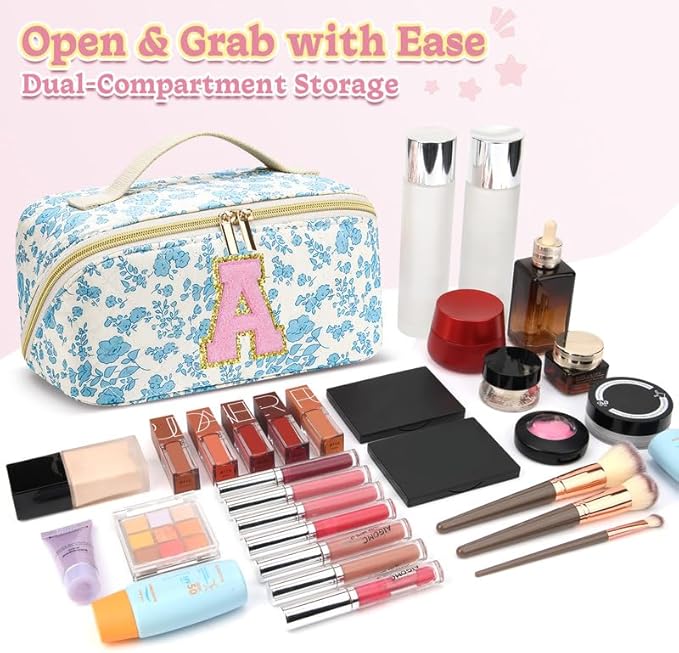 Personalized Travel Makeup Bag Set,Initial Travel Cute Floral Makeup Organizer Bag,Toiletry Skincare Cosmetic Bag,Christmas Gifts for Women/Girls,Open Flat Toiletry Pouch with Brush Pocket-C