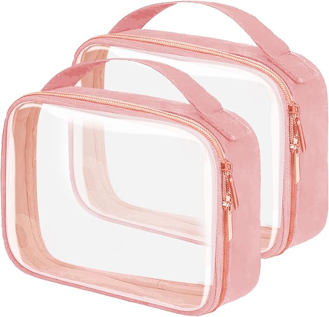 Travel Toiletry Bag,2 Pack Clear Makeup Bags with Handles,180°Opening Clear Cosmetic Bags for Traveling Women,Men,Travel Essentials,Pink