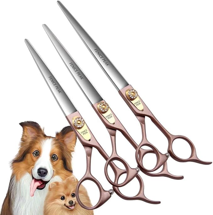 Fenice Peak 7'' Dog Straight Scissors for Grooming 440C Stainless Steel Rose Gold Professional Pet Trimming Scissors Sharp Blades Cutting for Dogs and Cats Shears