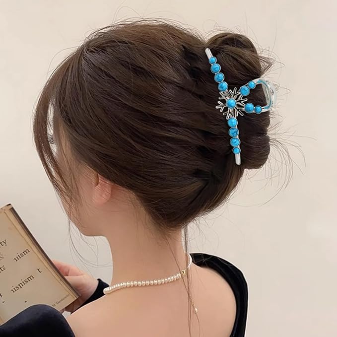Turquoise Blue Stone Hair Clips, Large Metal Retro Sun Flower Style Claw Clip for Women Strong Hold Big Non-Slip Hair Catch Barrette Jaw Clamp for Long Thick Hair, Fashion Styling Accessories (2 Pack)