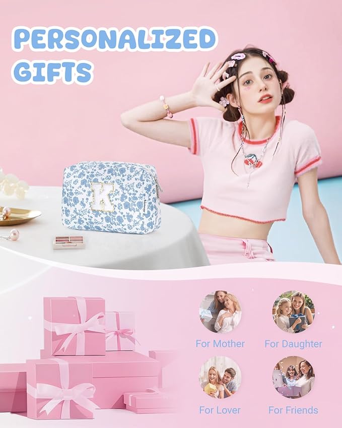 Narwey Birthday Gifts for Teen Girls Kids Women Personalized Initial Floral Makeup Bag Cute Cosmetic Trendy Stuff 6 8 10 11 12 13 14 16 18 Years Old Travel Toiletry Bag (Little Blue Flower K)