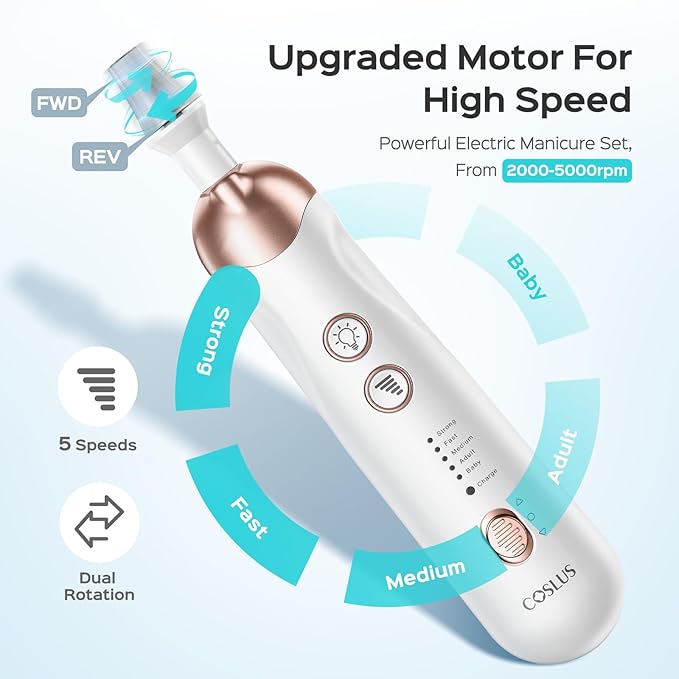 COSLUS Professional Manicure Pedicure Kit: 5 in 1 Electric Nail File Set Toenail Grinder, 5 Speed Cordless Nail Drill for Thick Nail Toenail Cuticle, Hand Feet Trimmer Buffer for Women Men Baby Pets