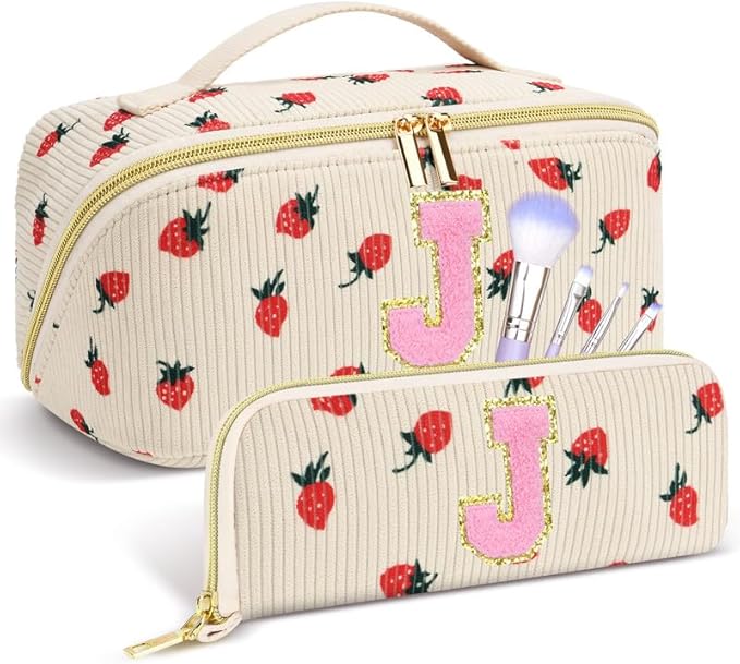 Personalized Travel Makeup Bag Set,Initial Travel Strawberry Makeup Organizer Bag,Toiletry Skincare Cosmetic Bag,Christmas Gifts for Women/Girls,Open Flat Toiletry Pouch with Brush Pocket-J