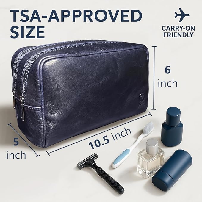 RUSTIC TOWN Leather Toiletry Bag for Men - Travel Shaving Ditty Kit - Bathroom Shower Toiletries Organizer - Leather Cosmetic Bag for Women (Oxford Blue)