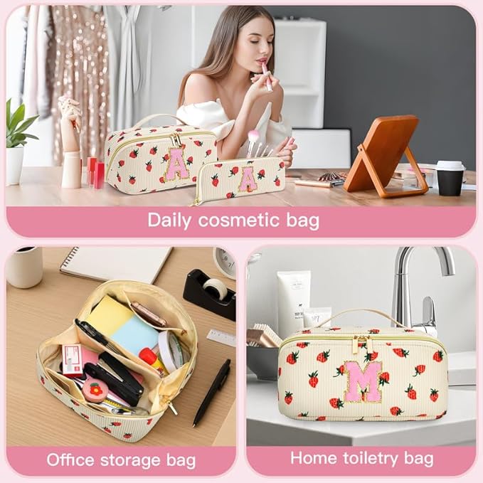Personalized Travel Makeup Bag Set,Initial Travel Strawberry Makeup Organizer Bag,Toiletry Skincare Cosmetic Bag,Christmas Gifts for Women/Girls,Open Flat Toiletry Pouch with Brush Pocket-L