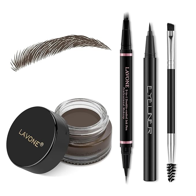 Eyebrow Pen Makeup Kit, with 4 Tip Waterproof Microblading Eyebrow Pencil, Eyeliner, Eyebrow Pomade and Dual-ended Eyebrow Brush, Brow Pencil Eyebrow Kit for Natural Looking - Medium Brown