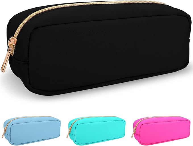 izuzta Nylon Small Makeup Bag Slim Pouch, Preppy Cute Brush Black Cosmetic Zipper Pouch for Purse, Waterproof Travel Toiletry Coin Organizer Women Girls(Black)
