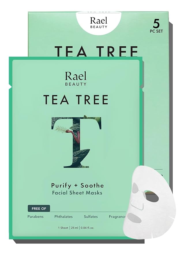 Rael Face Mask Skin Care, Tea Tree Face Masks - Bamboo Facial Sheet Mask, Korean Skincare, with Tea Tree Oil and Fruit Extracts, All Skin Types (Tea Tree, 5 Sheets)