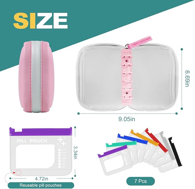 A7-L Timueetech Water-Proof Pill Pouch Set, BPA Free, A7-L Pill Loose-Leaf Storage with Color-Coded Medicine Pouches, Large Reusable Travel Medicine Organizer， Zippered Pill Organizers Weekly