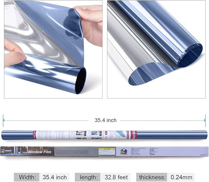 HIDBEA One Way Mirror Window Film ,Daytime Privacy Sun Blocking Reflective Window Film Static Cling Heat Control Window Tinting Film for Home and Office, Blue Silver, 35.4 x 393.7 Inch