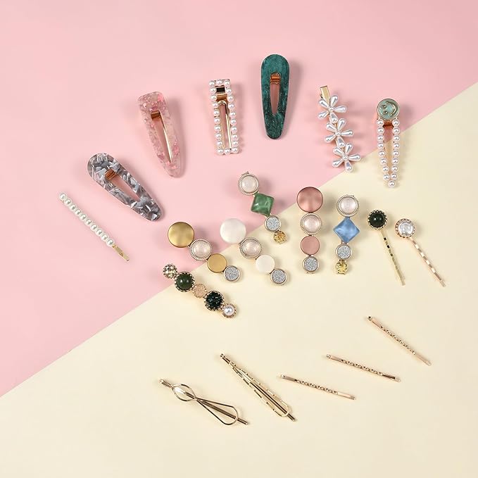 Mehayi 20 PCS Pearls and Acrylic Resin Hair Clips, Handmade Hair Barrettes, Marble Alligator bobby pins, Glitter Crystal Geometric Hairpin, Elegant Gold Hair Accessories, Gifts for Women Girls