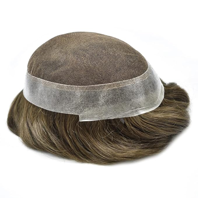 FACE MIRACLE Mens Toupee Lace Front Hairpieces Soft Human Hair Replacement System Natural Hairline Toupee for Men French Lace Poly V-Looped Mens hair Units 8"X10" 5#MEDIUM LIGHT BROWN