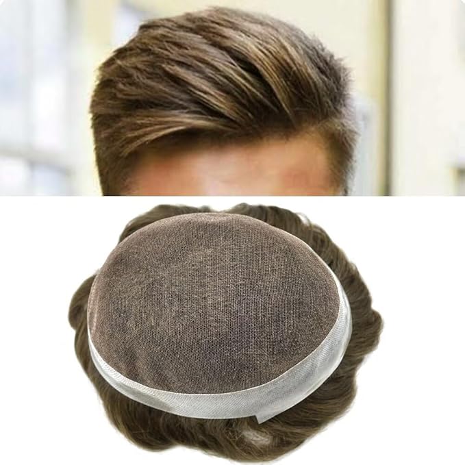 FACE MIRACLE Toupee for Men French Lace Hairpiece Human Hair Replacement System Skin PU Mens Toupee Hair Wigs for Man V-Looped Front Hair Prosthesis 6"X9" 6# LIGHT BROWN