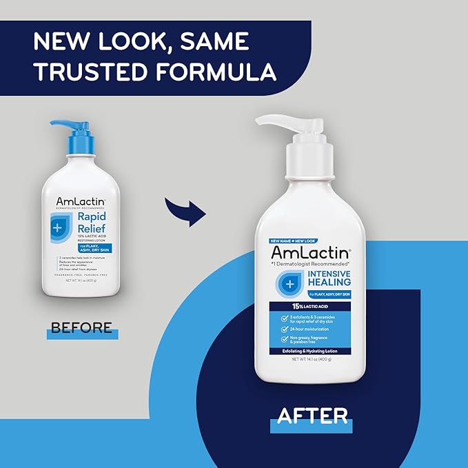 AmLactin Intensive Healing Body Lotion for Dry Skin - 14.1 oz and 7.9 oz Pump Bottles - 2-in-1 Exfoliator & Moisturizer with Ceramides & 15% Lactic Acid