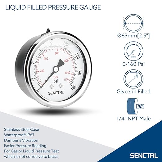 SENCTRL 0-160 Psi Glycerin Liquid Filled Air Pressure Gauge, 2.5" Dial Size - Image 2