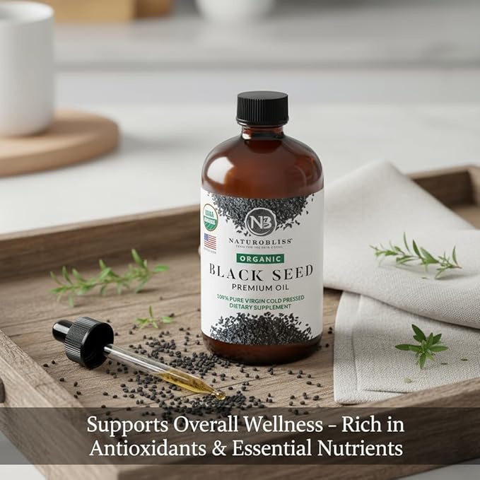 NaturoBliss Organic Black Seed Oil 100% Virgin Cold Pressed Omega 3 6 9 Super Antioxidant for Immune Support, Joints, Mobility, Digestion, Hair Skin Vegan, Gluten-Free, Non-GMO USDA Certified 4oz