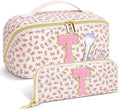 Personalized Travel Makeup Bag Set,Initial Travel Cute Floral Makeup Organizer Bag,Toiletry Skincare Cosmetic Bag,Christmas Gifts for Women/Girls,Open Flat Toiletry Pouch with Brush Pocket-T