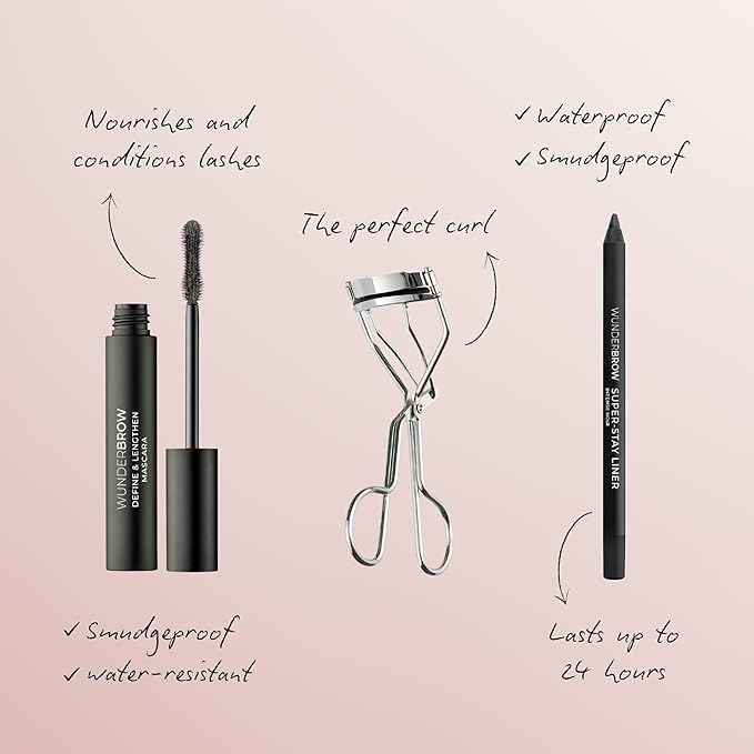 Wunderbrow Signature Eye Trio Festive Cracker, Holiday Gift Set, Includes Mascara, Black Eyeliner and an Eyelash Curler