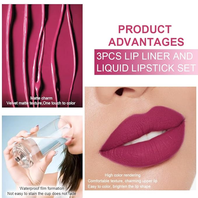 evpct 3Pcs Rose red plum Warm pink Deep cranberry Lip Stain Matte Lip Liner and Lipstick Set Long Lasting labiales matte mate larga duracion listip 24 hour a prueba de agua mate 24 horas originales