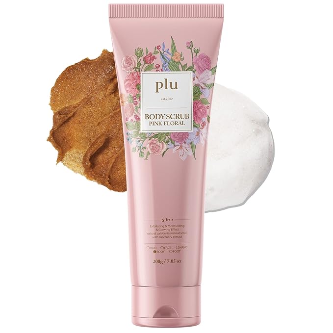 PLU Korean Walnut Body Scrub Pink Floral with Manuka Honey - Exfoliating & Moisturizing & Firming Glow - for Acne, Cellulite, Stretch Marks, Spider Veins, Fresh & Elegance Rose Scent 6.76 oz.