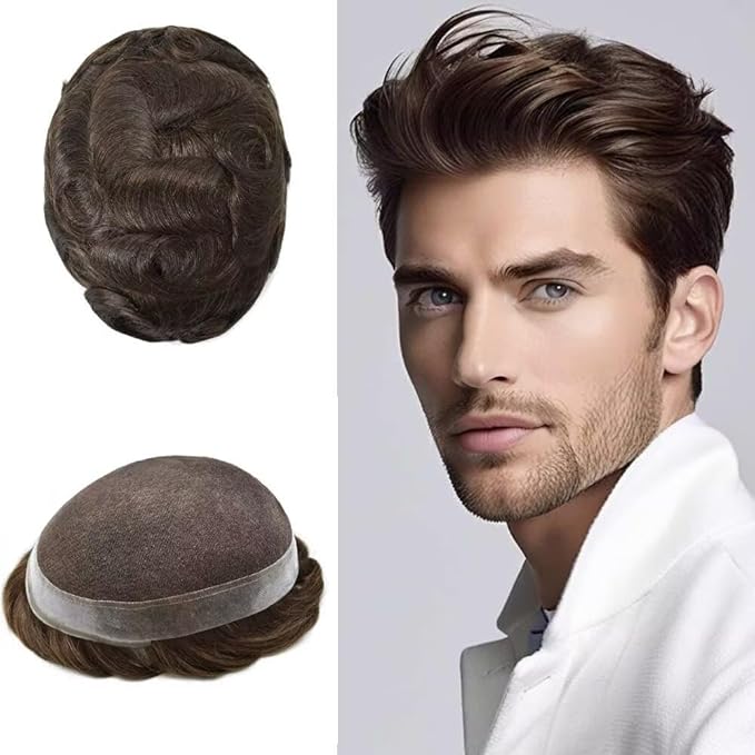 FACE MIRACLE Hair System for Men French Lace Mens Toupee Human Hair Replacement System Lace with PU Toupee for Men Male Hair Piece Wigs 6"X8" 3# DARK BROWN