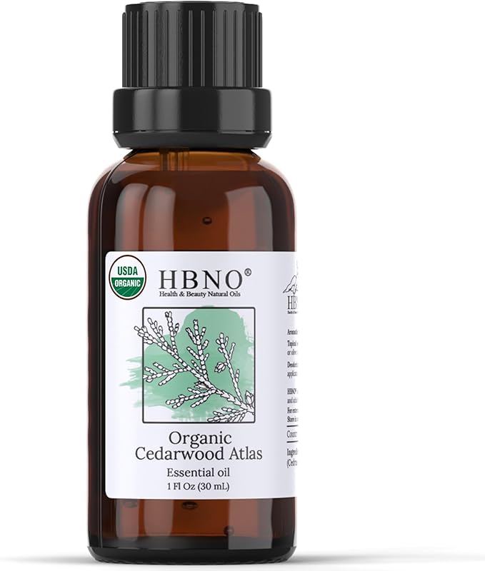 HBNO California Bottled Organic Cedarwood Essential Oil 1 fl oz (30ml) - USDA Certified Organic Cedarwood Essential Oil for Aromatherapy, Soap Making, DIY, Fragrances, Diffuser