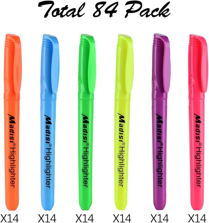 Madisi Highlighters, Chisel Tip, Assorted Colors, Bulk Pack, 84-Count