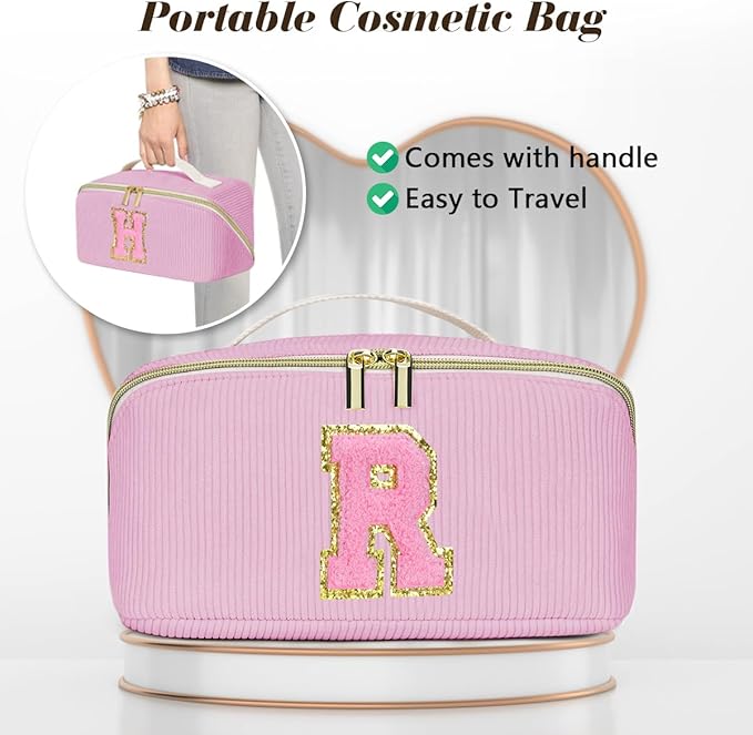 Personalized Initial Makeup Bag,Christmas Gifts for Girl,Preppy Bag Cosmetic Travel Bag Women,Travel Toiletry Organizer,Large Capacity Corduroy Stuff Bag,Cute Cosmetic Pouch Skincare Bag-Q
