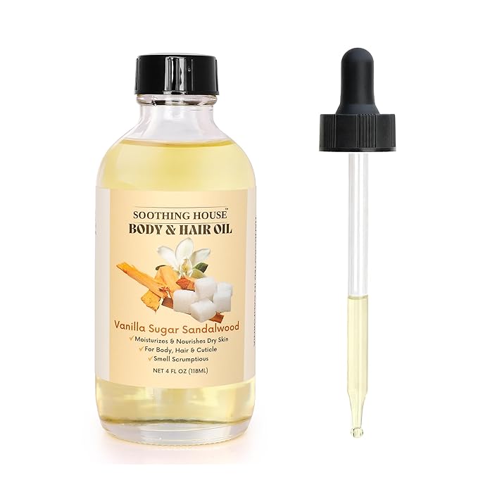 Vanilla Sugar Sandalwood Body & Hair Oil – Inspired Warm Gourmand Scent – Hydrating & Nourishing Oil for Skin, Hair & Cuticles – Lightweight, Fast-Absorbing, 4 fl oz