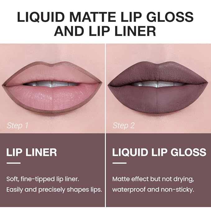 AMY'S DIARY 2pcs Matte Dark Red Lip Liner & Lipstick&Shiny Clear Lip Oil Makeup Set, Liquid Lipstick 24H and Lip Liner Set Matt Liquid Lips Make Up Waterproof Long Lasting (12#, 2 Pcs Set)