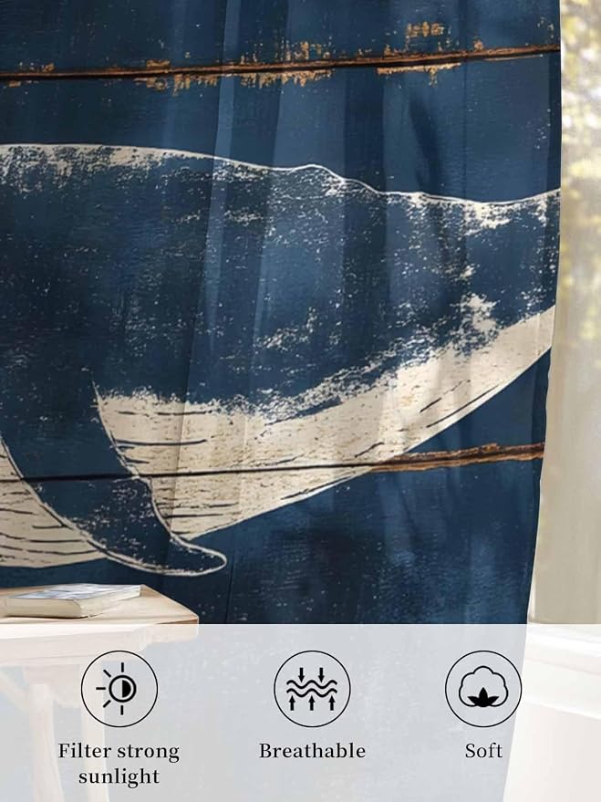 Sheer Curtains 54 Inch Length, Summer Whale Blue Semi Sheer Curtains Light - Image 6
