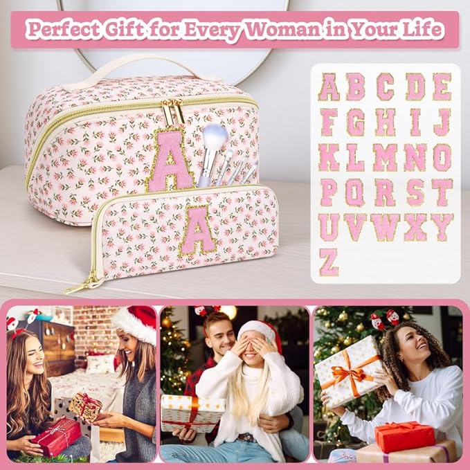 Personalized Travel Makeup Bag Set,Initial Travel Cute Floral Makeup Organizer Bag,Toiletry Skincare Cosmetic Bag,Christmas Gifts for Women/Girls,Open Flat Toiletry Pouch with Brush Pocket-P