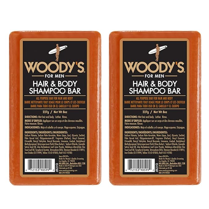 Woody's Hair & Body Shampoo Bar for Men – 2-in-1 Solid Shampoo Bar & Body Wash, Deep Cleansing, Moisturizing, Refreshing Scent, 8 oz, 2 Pack