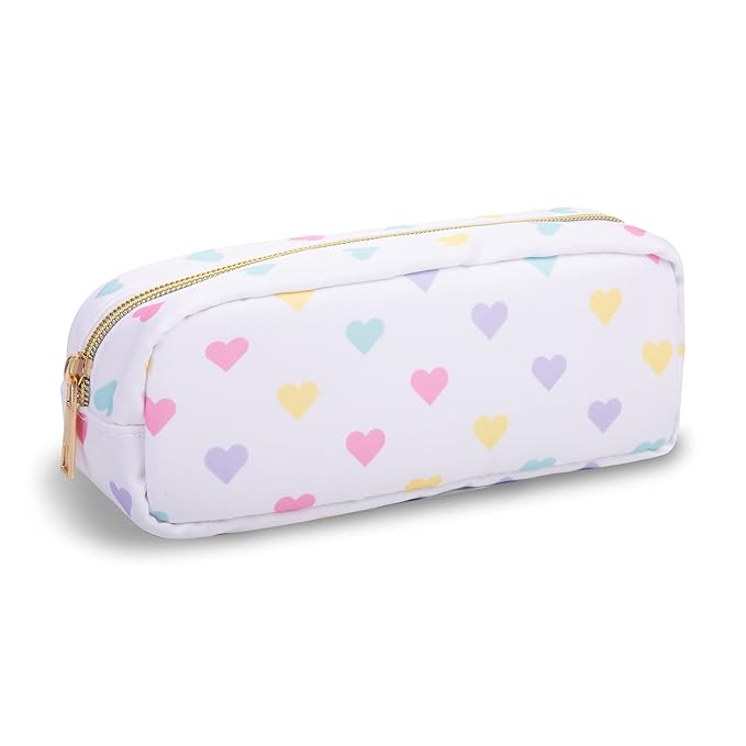Small Pencil Case Makeup Bag for Purse, Cute Pencil Pouch Nylon Preppy Makeup Brush Bag with Zipper, Girls Portable Stationery Storage Case for Office School College(Slim-White Heart)