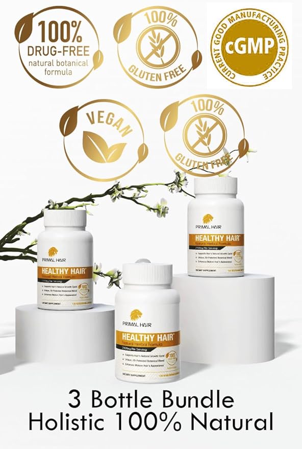 3 PK- 100% Natural Growth Treatment, Reduces Hair Loss, US Patented Formula Proven Effective for Men & Women, 100% Vegan, Non-GMO, 90-Day Supply, 3 Pack