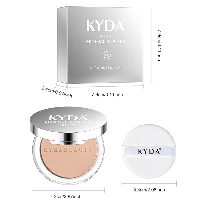 KYDA Mineral Powder, SPF 35, 4-in-1 Mineral Pressed Powder Foundation with Concealer and Setting, Matte Weightless Pressed Foundation, Light to Medium Coverage, #MEDIUM