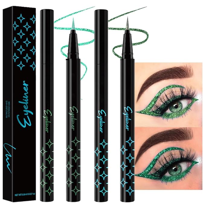 evpct 2Pcs Emerald Dark Green Glitter Shimmer Liquid Eyeliner Eye Shadow Makeup Pencil, Green Face Body Glitter Fake Eyelashes Lashes Mascara Accessories, Sparkle Metallic Colored Eyeliner Waterproof