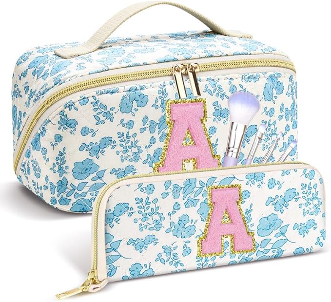 Personalized Travel Makeup Bag Set,Initial Travel Cute Floral Makeup Organizer Bag,Toiletry Skincare Cosmetic Bag,Christmas Gifts for Women/Girls,Open Flat Toiletry Pouch with Brush Pocket-A