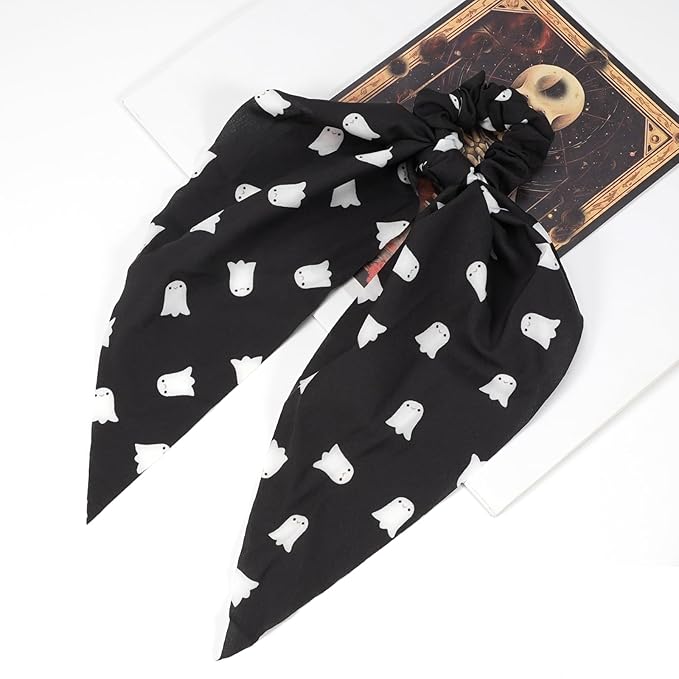 Halloween Hair Ties for Women Girls Soft Fall Ghosts Hair Scrunchies Spooky Black White Hair Tie Ribbon Hair Bows Ponytail Holder Hair Accessories