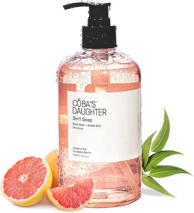 COBA'S DAUGHTER Grapefruit Peel & Eucalyptus Globulus 3-in-1 Soap | Body Wash, Bubble Bath, Shampoo | Cleanse, Nourish & Soften Skin with Inulin & Seaweed Extract | (16.9oz)