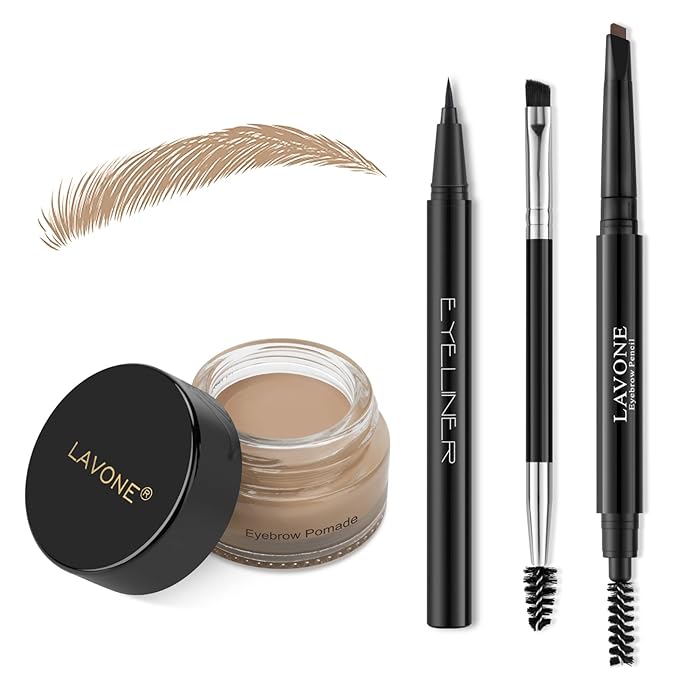 LAVONE Eyebrow Stamp Pencil Kit - Brow Stamp Trio with Waterproof Eyebrow Pencil, Eyeliner, Pomade, and Dual-ended Brush - Blonde