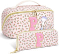 Personalized Travel Makeup Bag Set,Initial Travel Cute Floral Makeup Organizer Bag,Toiletry Skincare Cosmetic Bag,Christmas Gifts for Women/Girls,Open Flat Toiletry Pouch with Brush Pocket-P
