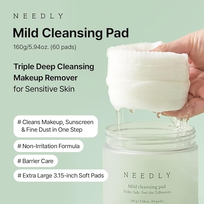 NEEDLY Mild Cleansing Pad, Makeup Remover for Sensitive Skin, Triple Deep Cleansing, Barrier Care with Only Two Surfactants & Panthenol, Extra-Large Soft Vegan Pad, Korean Skincare