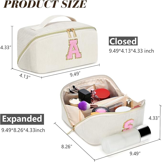 Personalized Initial Makeup Bag,Christmas Gifts for Girl,Preppy Bag Cosmetic Travel Bag Women,Travel Toiletry Organizer,Large Capacity Corduroy Stuff Bag,Cute Cosmetic Pouch Skincare Bag-R