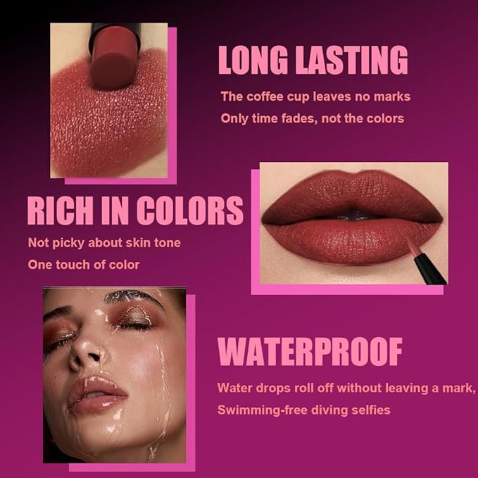 2Pcs 2 in 1 Matte Red Brown Lip Liner and Lipstick Combo Set for Women,Lipstick Stain Lip Liner for Daily & Party Long Lasting Waterproof Smudge Proof 24 Hour Full Coverage Vegan Lip Makeup Kit
