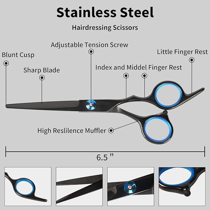 Hair Cutting Scissors,6.5 Inch Professional Stainless Steel Barber Haircut Shears Razor,Sharp Blades,One Comb Included, For Salon Home Men Women Adults Kids Pet (Black)